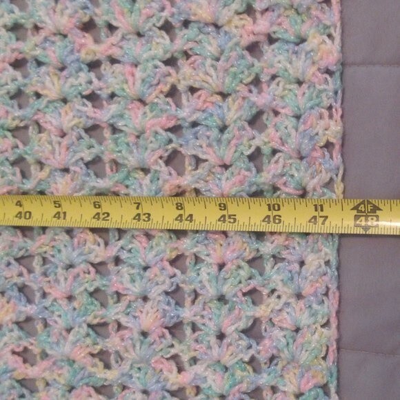 Handmade Crochet Afghan Throw Baby Blanket 47x64 Pink Blue Green Scalloped Ends - Picture 5 of 6